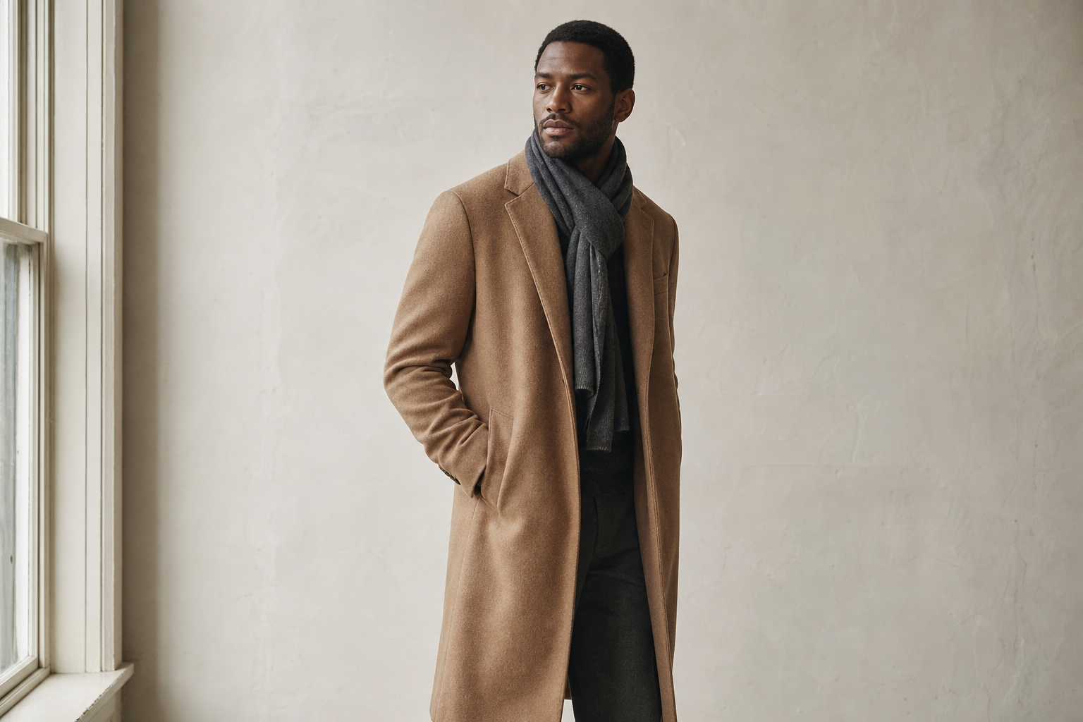 Long camel overcoat with a charcoal scarf