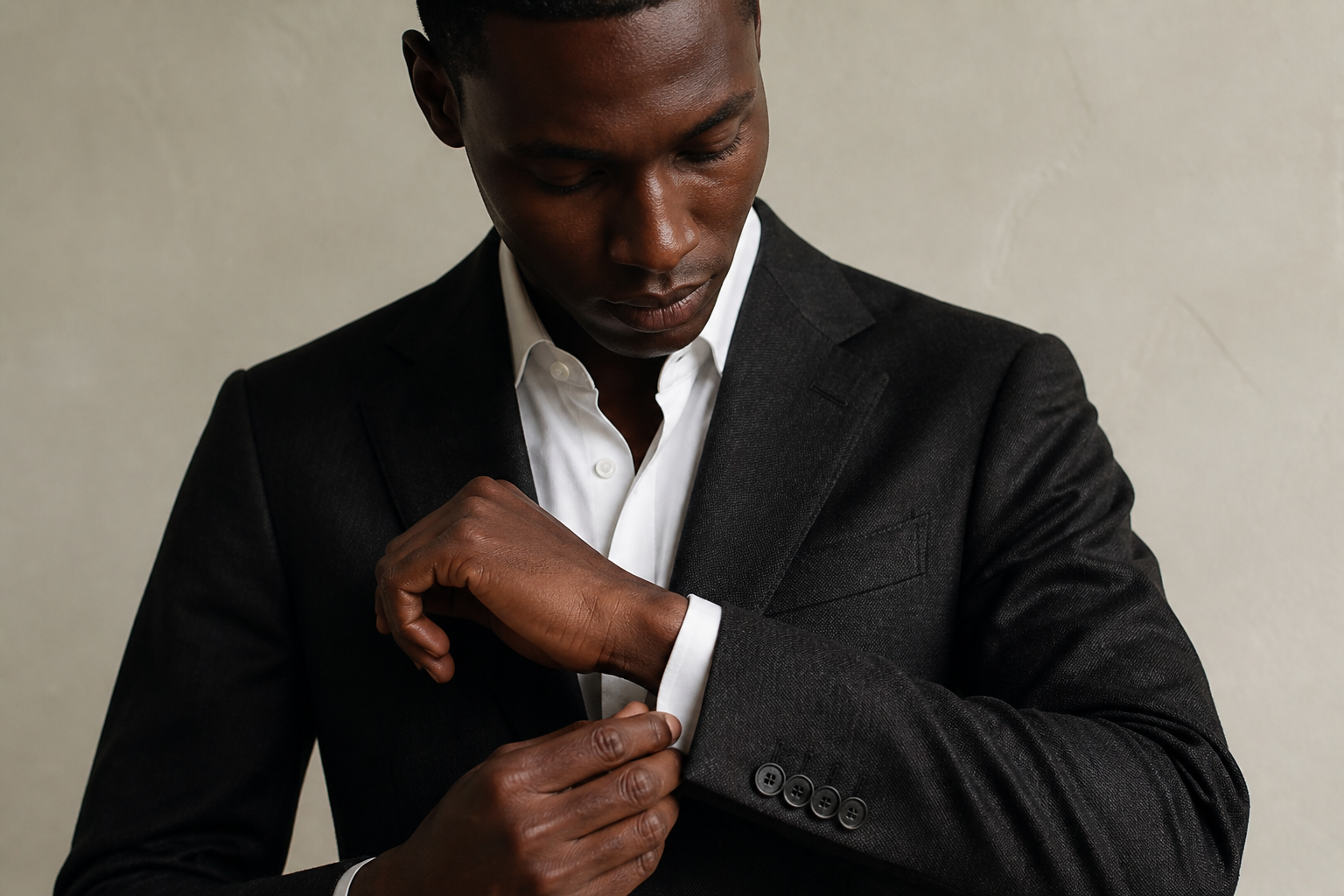 Folding a shirt cuff under a charcoal jacket